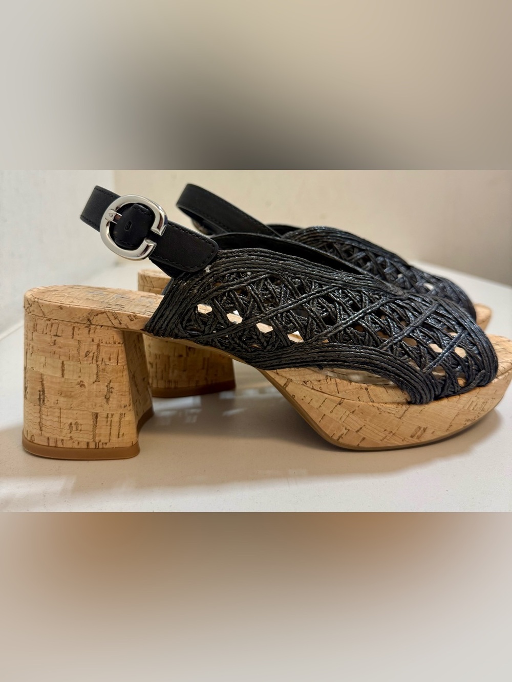 NWOB AEROSOLES Black Woven Slingback Cork Wedge Sandals (10)